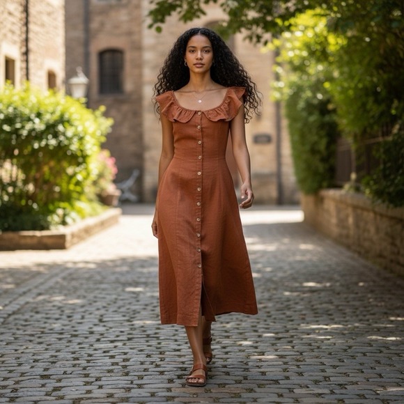 Anthropologie Medium Tan Ruffle Sleeve Stretch Button-Up Fitted MIDI Dress New - Picture 4 of 14